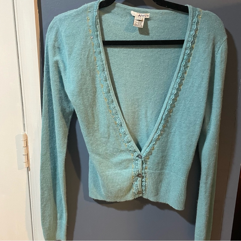 Kenzie Light green mint.V- neck Cardigan Sweater XL lace trim - great condition